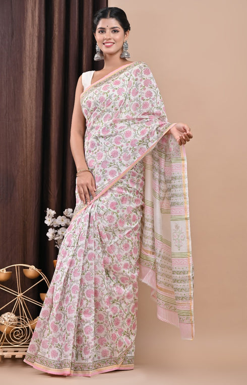 Floral Jaal Hand Block Print Chanderi Silk Saree (CHSAR21)